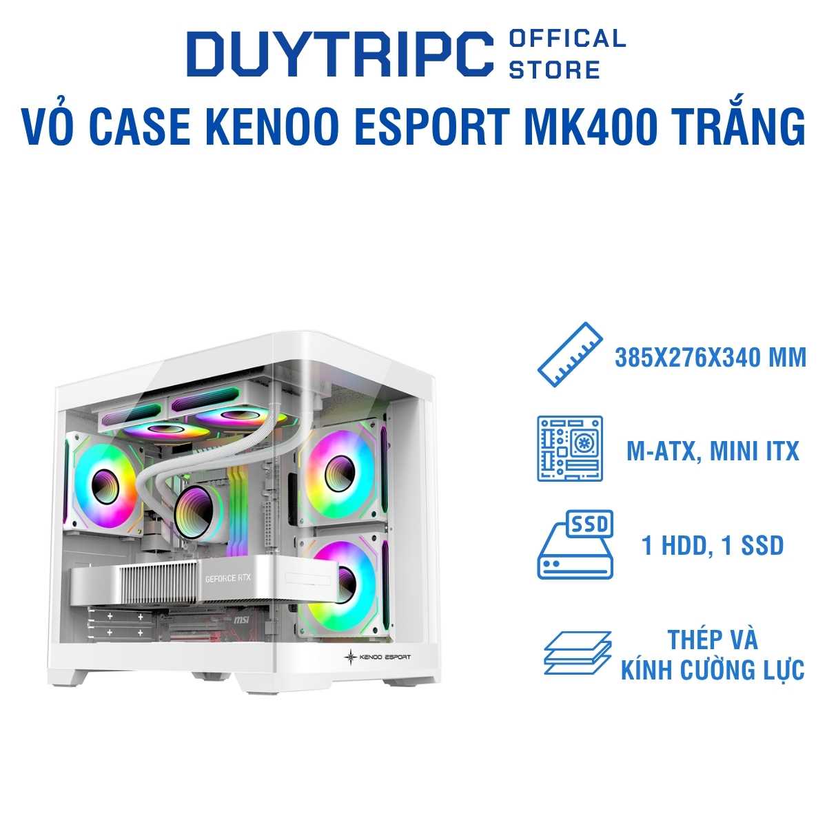 Vỏ Case KENOO ESPORT MK400 Trắng – Full Kính Cường Lực, Không Gian Rộng, Chuẩn Gaming Cao Cấp